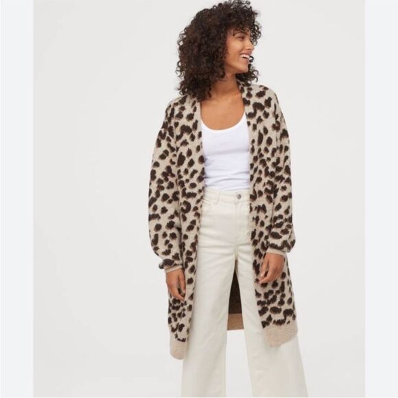 H&M Long Open Cardigan in Black Tan Brown Leopard Print - Size S - Picture 1 of 7
